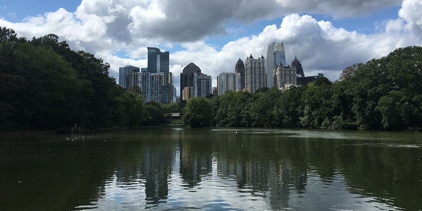 The picture was taken near the river inside Piedmont Park in cloudy weather in Atlanta.
