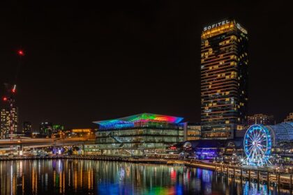 The illuminated skyline highlights the vibrant Sydney nightlife scene.