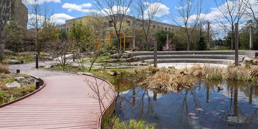 The US Botanic Garden displays a walking trail and a small water body on its side
