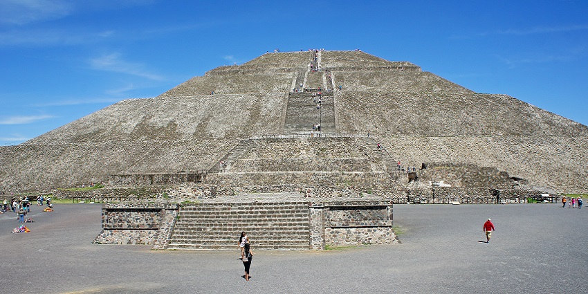 An outside view of the stone-made famous pyramid of the sun located in Teotihuacan