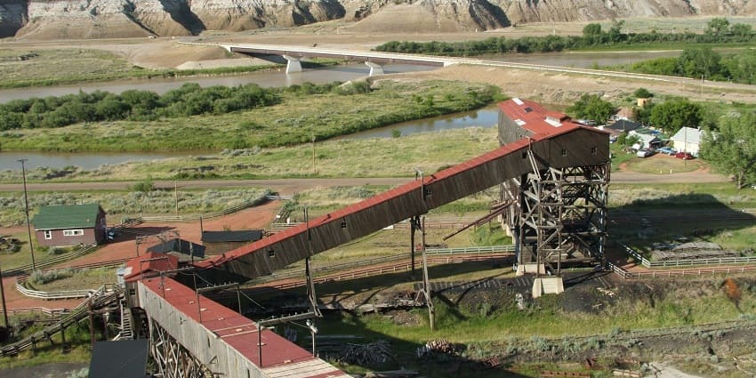 Historic Atlas Coal Mine in Alberta, Canada, showcasing old mining structures and equipment