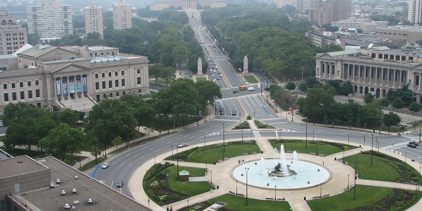 Franklin Institute campus from above and fountain - one of the things to do in Philadelphia.
