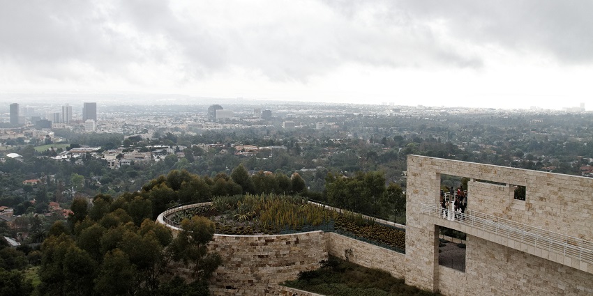 The succulent garden on Getty Center with a view of the Los Angeles skyline on a cloudy day