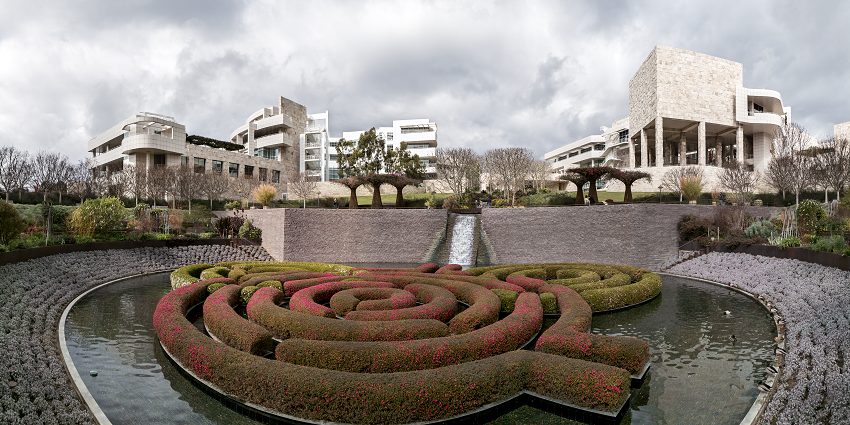 A panoramic view of the Getty Center showing a stairway leading to the Central Garden