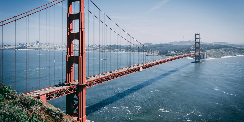 An aerial view of a city situated across the well-known San Francisco’s Golden Gate Bridge