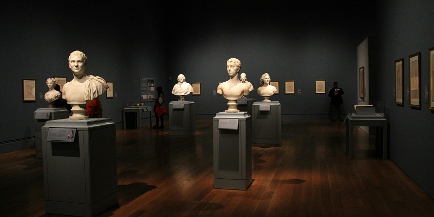 An array of sculptures is displayed in a museum, one of the best places near Dry Tortugas National Park.