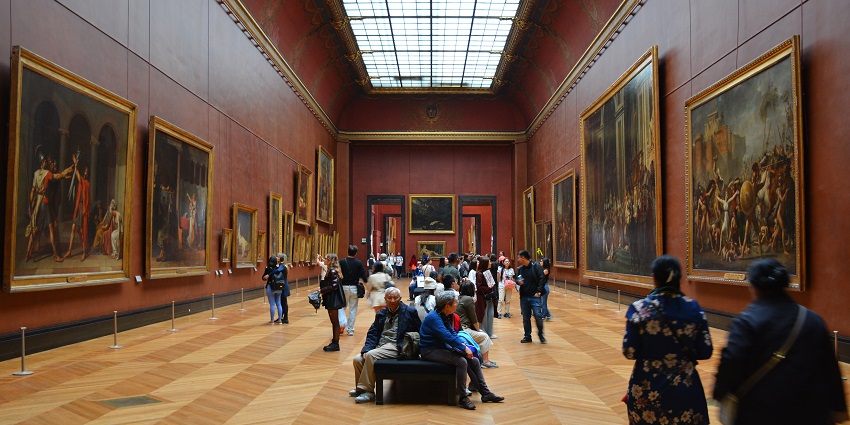 French museum in Paris featuring iconic art like the Mona Lisa in Louvre museum.