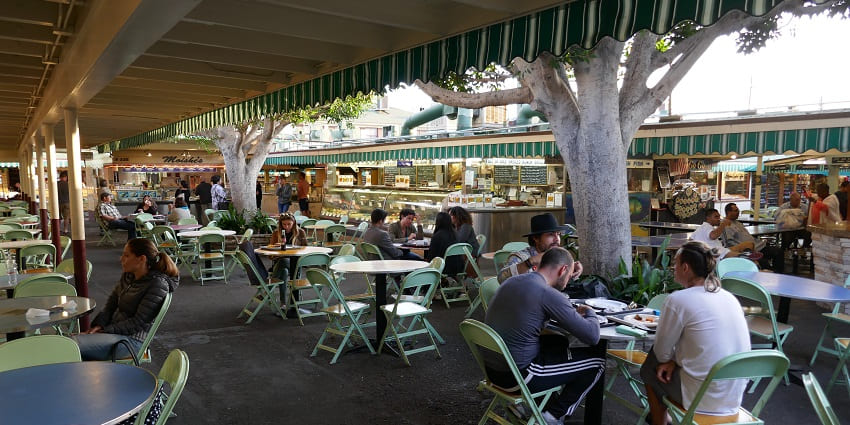 Vibrant farmers market in Los Angeles with fresh produce and colourful stalls