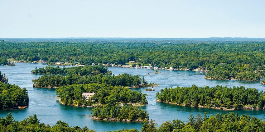 A scenic view of the Thousand Islands Bridge connecting the United States and Canada.