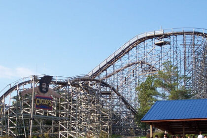 A picture of a roller coaster track at a theme park in NYC