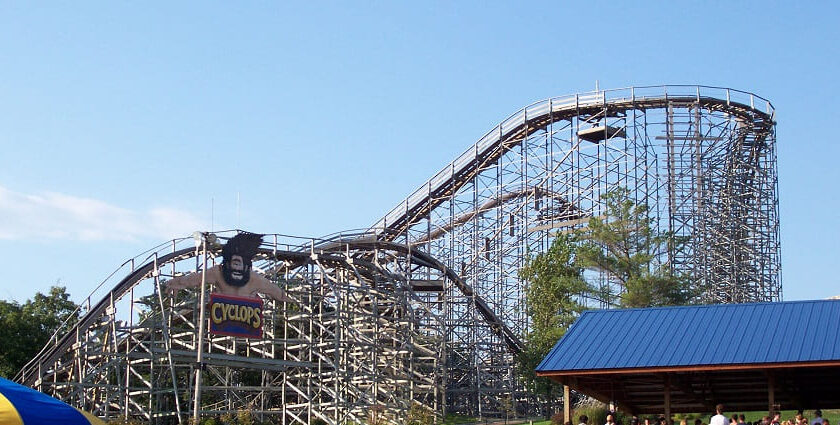 A picture of a roller coaster track at a theme park in NYC