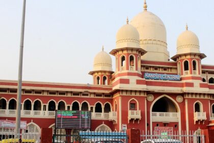 An image of the Central building with red and white decorations, and tonnes of windows