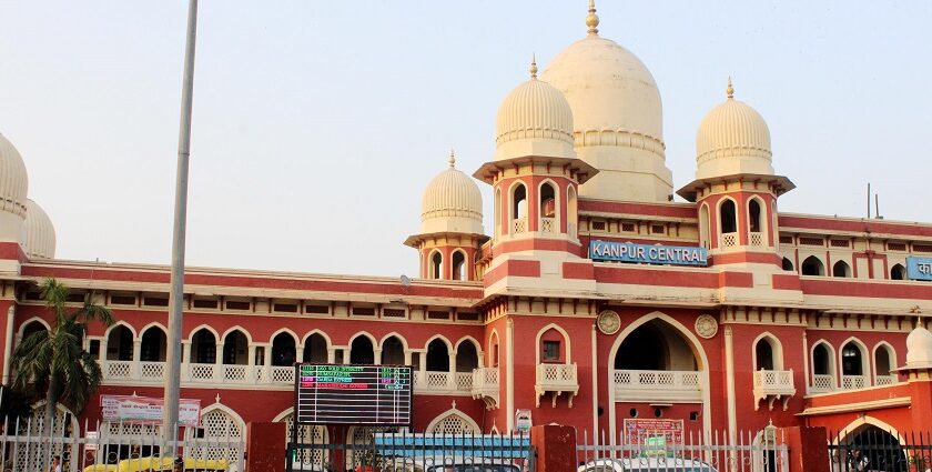 An image of the Central building with red and white decorations, and tonnes of windows