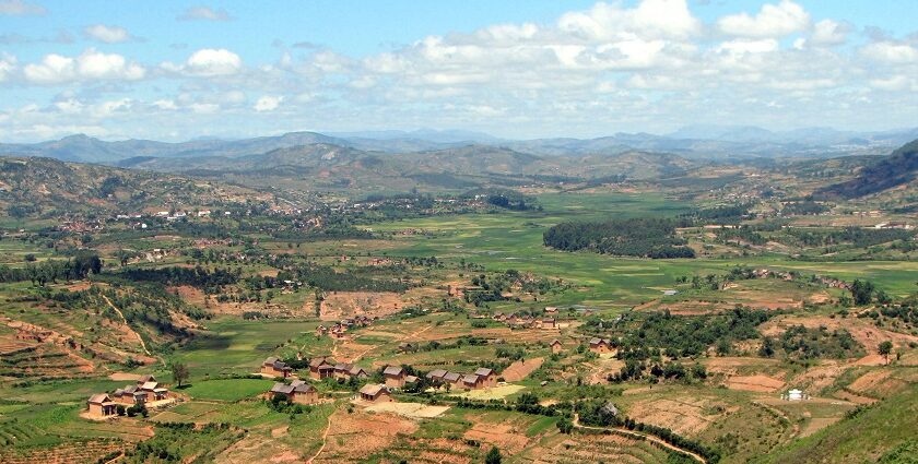 A picture of a landscape with village houses in Madagascar