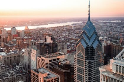 A view of city of Philadelphia from above the Delaware River and bridge during the sunrise.