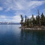 View of the South Shore of Lake Tahoe with a mountain in the background in California, USA.