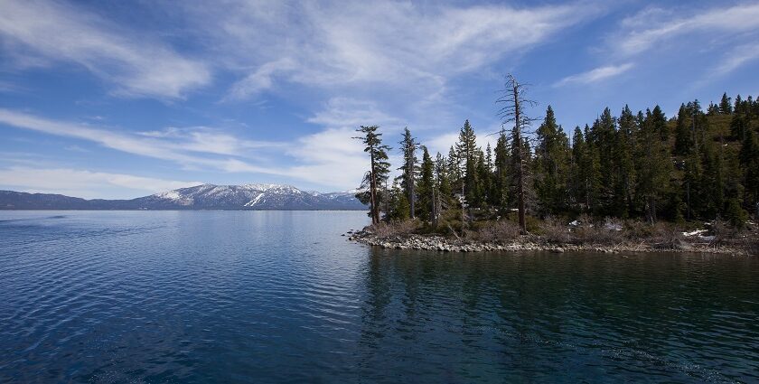 View of the South Shore of Lake Tahoe with a mountain in the background in California, USA.