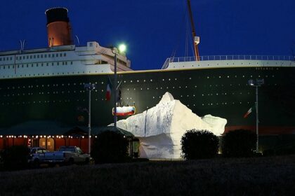 An image of the Titanic Museum in Branson, Missouri, featuring a replica ship facade and grand entrance.