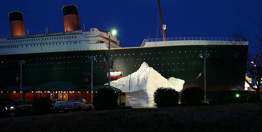 An image of the Titanic Museum in Branson, Missouri, featuring a replica ship facade and grand entrance.