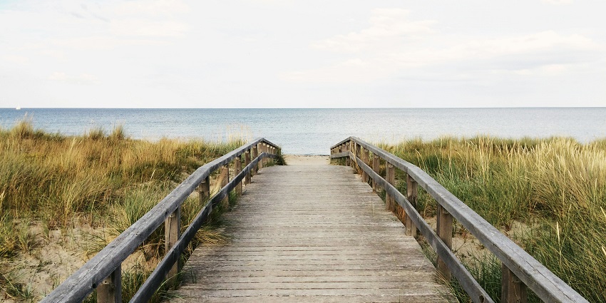 A wooden bridge between pale-yellow grasslands are leading the way to the serene sea