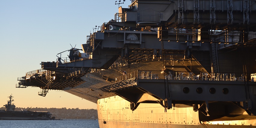 The ship at the USS Midway Museum at the San Diego harbour and the USS Carl Vinson in the background