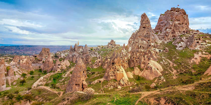 Hilltop fortress offering panoramic views of Cappadocia's stunning landscape.