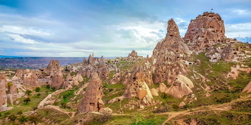 Ancient rock castle offering panoramic views of Cappadocia’s landscape in turkey.