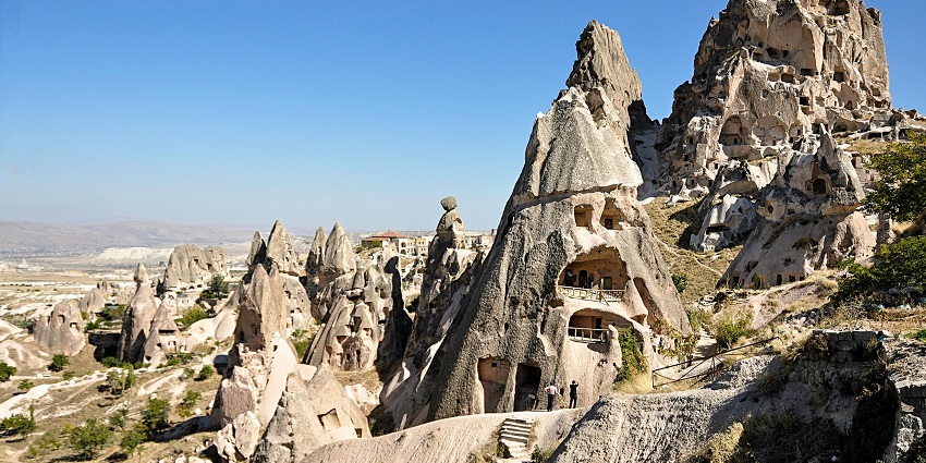 Towering rock castle with caves and panoramic views of Cappadocia