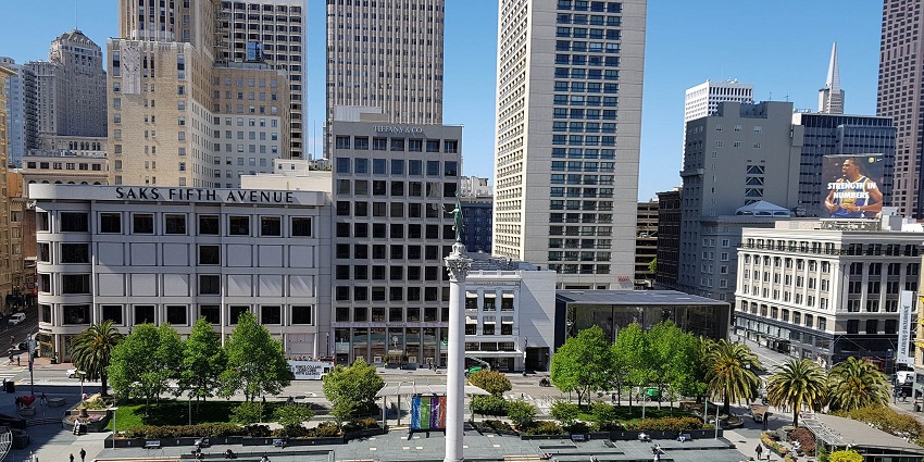 An aerial view of San Francisco’s Union Square, which is located near many famous stores.