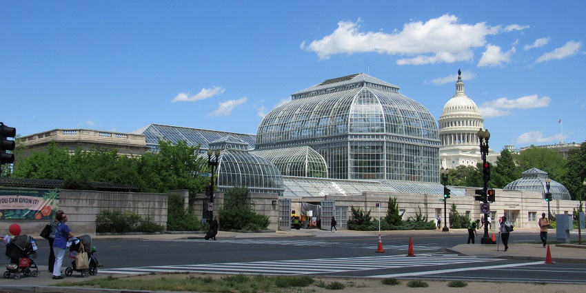 An outside view of the United States Botanic Garden showcasing its dome structure.