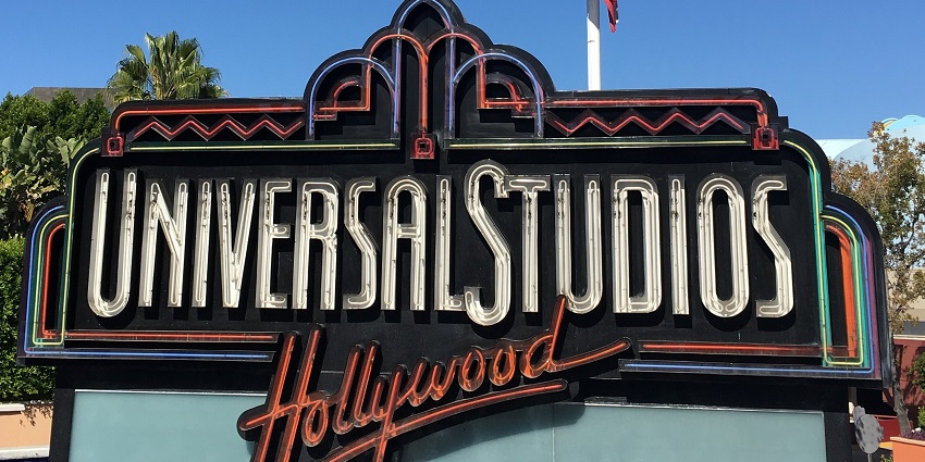 Universal Studios Hollywood LED sign board perched in the middle of a water pool