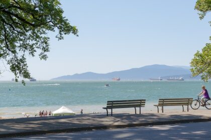 A scenic view of English Bay in Vancouver, featuring calm waters and a vibrant coastline.