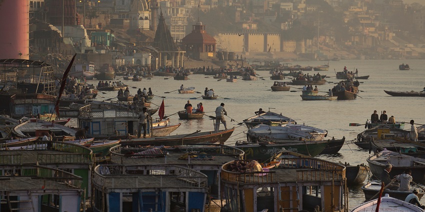 A picture of the sacred ghats along the Ganges River, an ancient city near Allahabad.