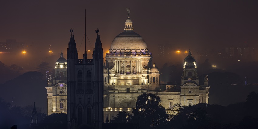 The stunning view of Victoria Memorial Hall at night near the Zoo in Kolkata