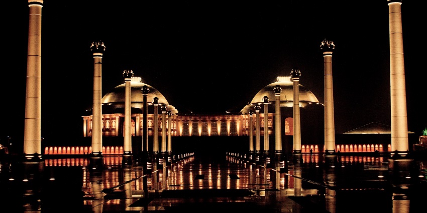 View of the illuminated memorial garden at night