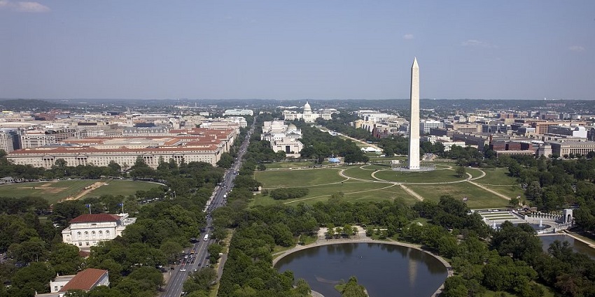 An aerial view of the National Mall showcasing some of the famous historic structures