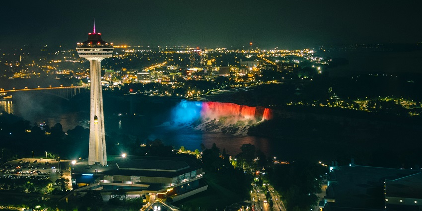 An aerial of the Skylon Tower - one of the best things to do in Niagara Falls in March.