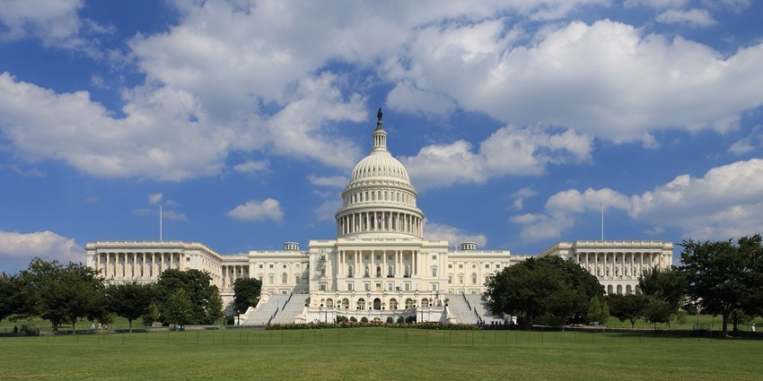 Front view of all-white US Capitol Building with staircase with tall trees around it