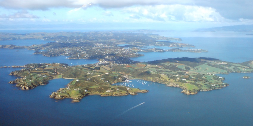An aerial view of Waiheke Island on the western side of New Zealand