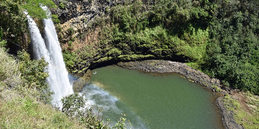 An image of the Wailua Falls, one of the Kauai waterfalls located in Hawaii.