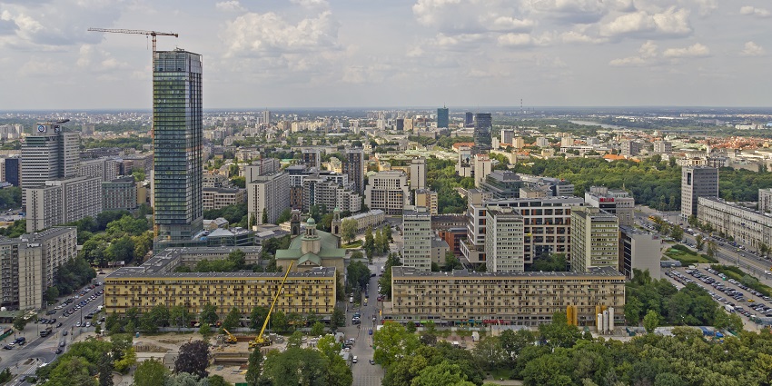 Warsaw from the Palace of Culture and Science with an ongoing construction of a building