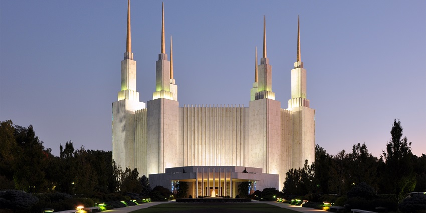 The famous Washington D.C. Temple at dusk in Kensington, Maryland, USA