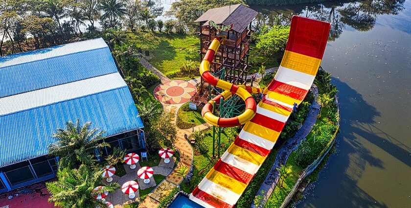 An exciting water park slide with splashes and thrills, perfect for a fun summer day.