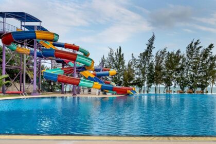 An image of a water park in Agra with colourful water slides, and a swimming pool