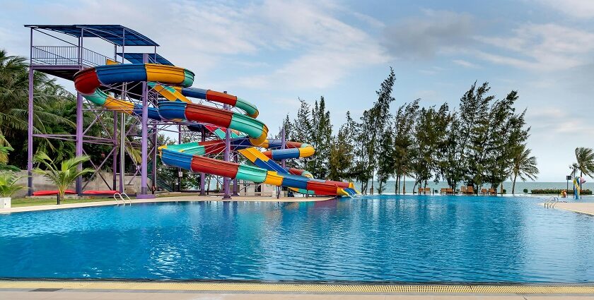 An image of a water park in Agra with colourful water slides, and a swimming pool