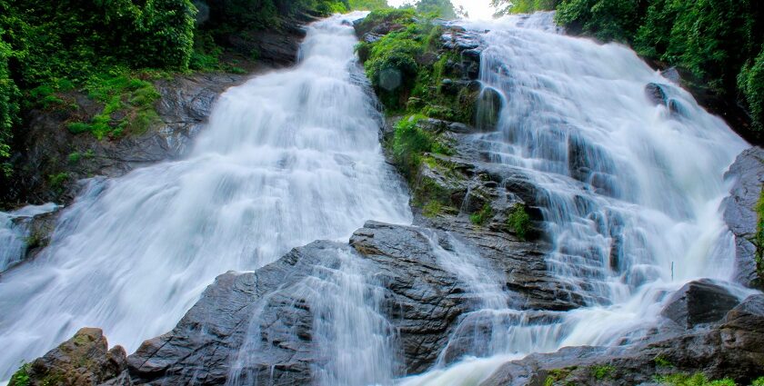 One of the waterfalls in California flows down rocks, surrounded by lush greenery.