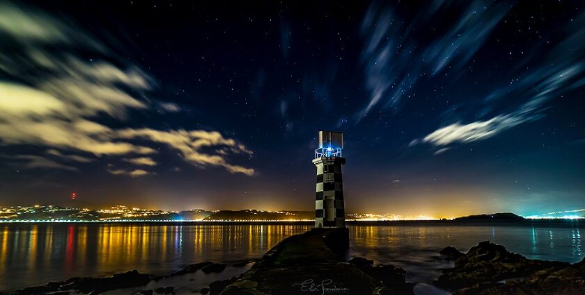 Picturesque view of under the stars grey concrete sky during night time in Wellington nightlife in New Zealand