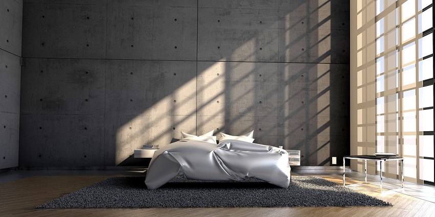 A modern bedroom with large windows, a cosy bed, and stylish decor in a spacious setting.