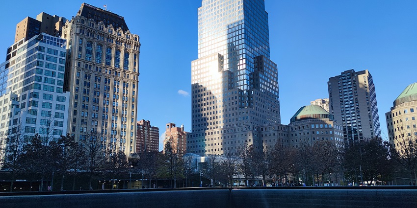 View of the New York City skyline from the 9/11 Memorial Plaza honouring those who lost their lives