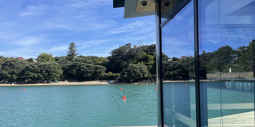 Beautiful view of the beach from a hotel in Waiheke Island in New Zealand